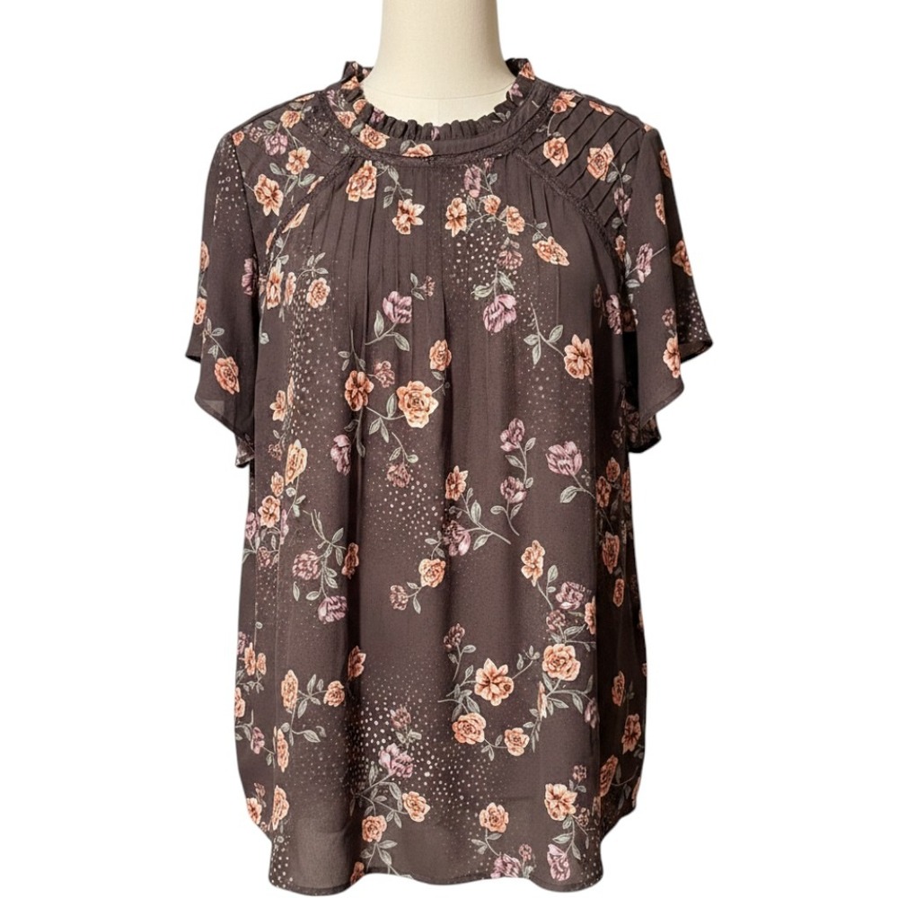 Torrid Floral Pintuck Ruffle Neck Blouse Swiss Dot Lace Trim Grey Orange Size 2